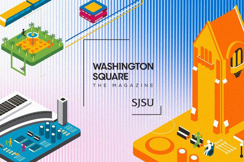 Washington Square: The Magazine over a gradient background featuring Illustrations of San Jose Landmarks and modern campus elements.