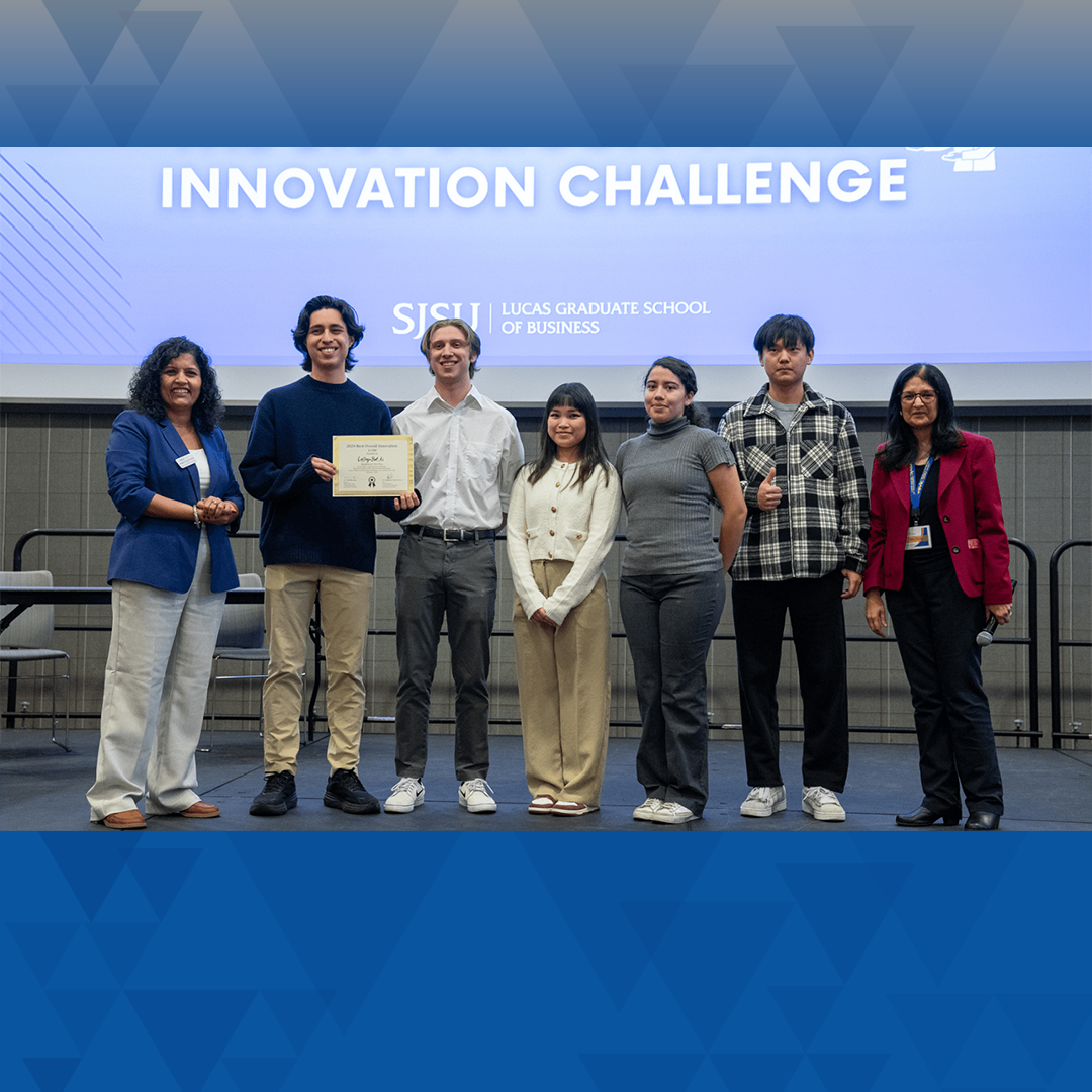 The CollegeBot team won 1st Place Best Overall Innovation at the 2024 Silicon Valley Innovation Challenge, held in the SJSU Student Union Ballroom on December 3rd.  Photo by Adriana Avila.