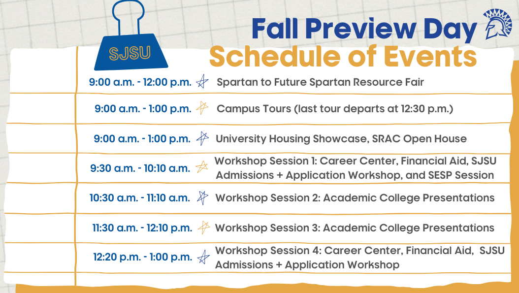 Schedule of Events: 9am-12pm Spartan to Future Spartan Resource Fair, 9am-1pm Campus Tours, 9am-1pm University Housing Showcase, SRAC Open House, 9:30am-10:10am Workshop Session 1: Career Center, Financial Aid, Admissions and Application Workshop, SESP Session, 10:30am-11:10am Workshop Session 2: Academic College Presentations, 11:30am-12:10pm Workshop Session 3: Academic College Presentations, 12:20pm-1pm Workshop Session 4: Career Center, Financial Aid, Admissions and Application Workshop