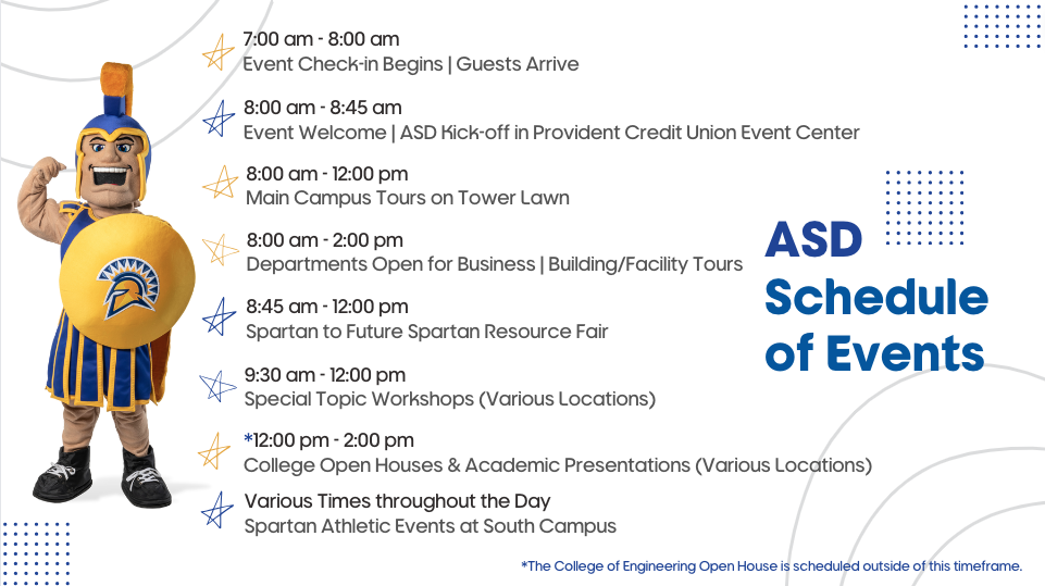 7am-8am Event Checkin Begins, 8am-8:45am Event Welcome/ASD Kick Off in Provident Credit Union Event Center, 8am-2pm Departments Open for Business Building/Facility Tours, 8:30am-12pm Spartan to Future Spartan Resource Fair, 8am-12pm Main Campus Tours on Tower Lawn, 9:30am-12pm  Special Topic Workshops, 12pm-2pm College Open Houses & Academic Presentations, 1pm-3pm Spartan Athletic Events at South Campus. College of Engineering Open House is scheduled outside of this timeframe.