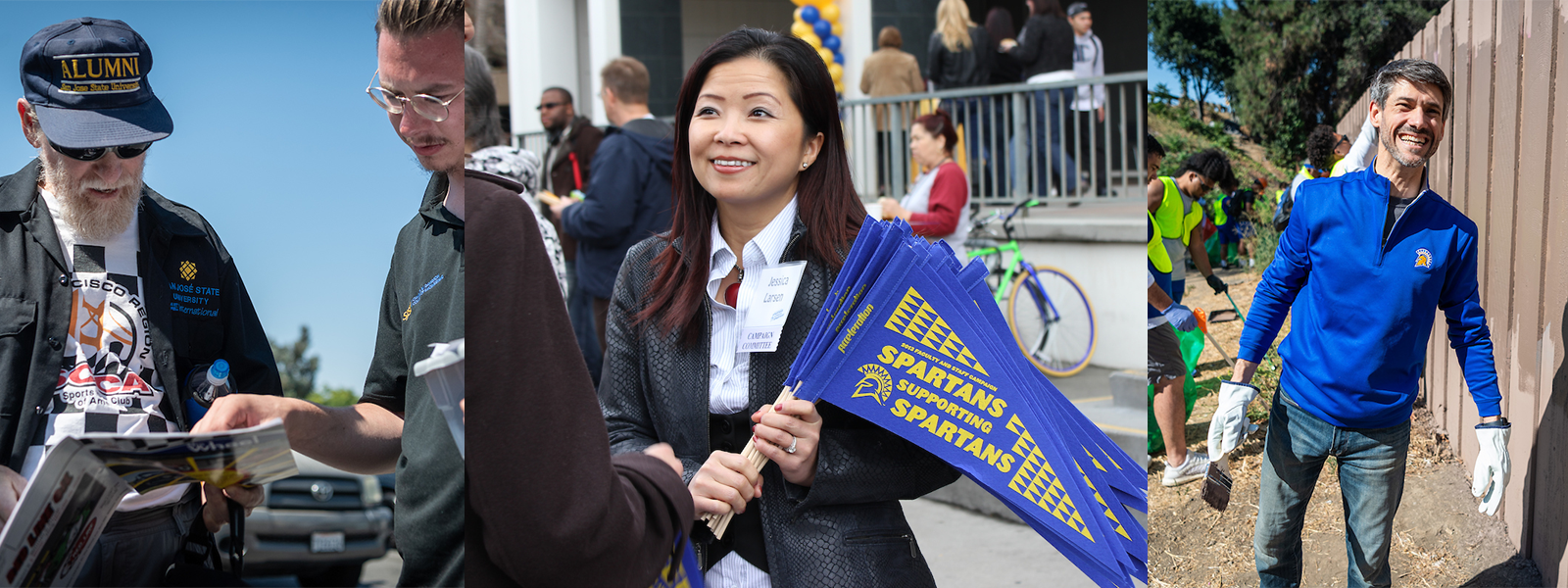 Triptych of Alumni talking to people and engaging in volunteer activities