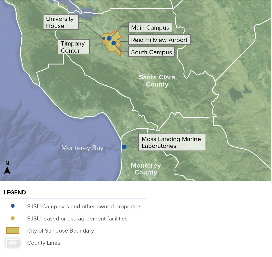 Regional map showing all SJSU properties in San Jose and beyond.