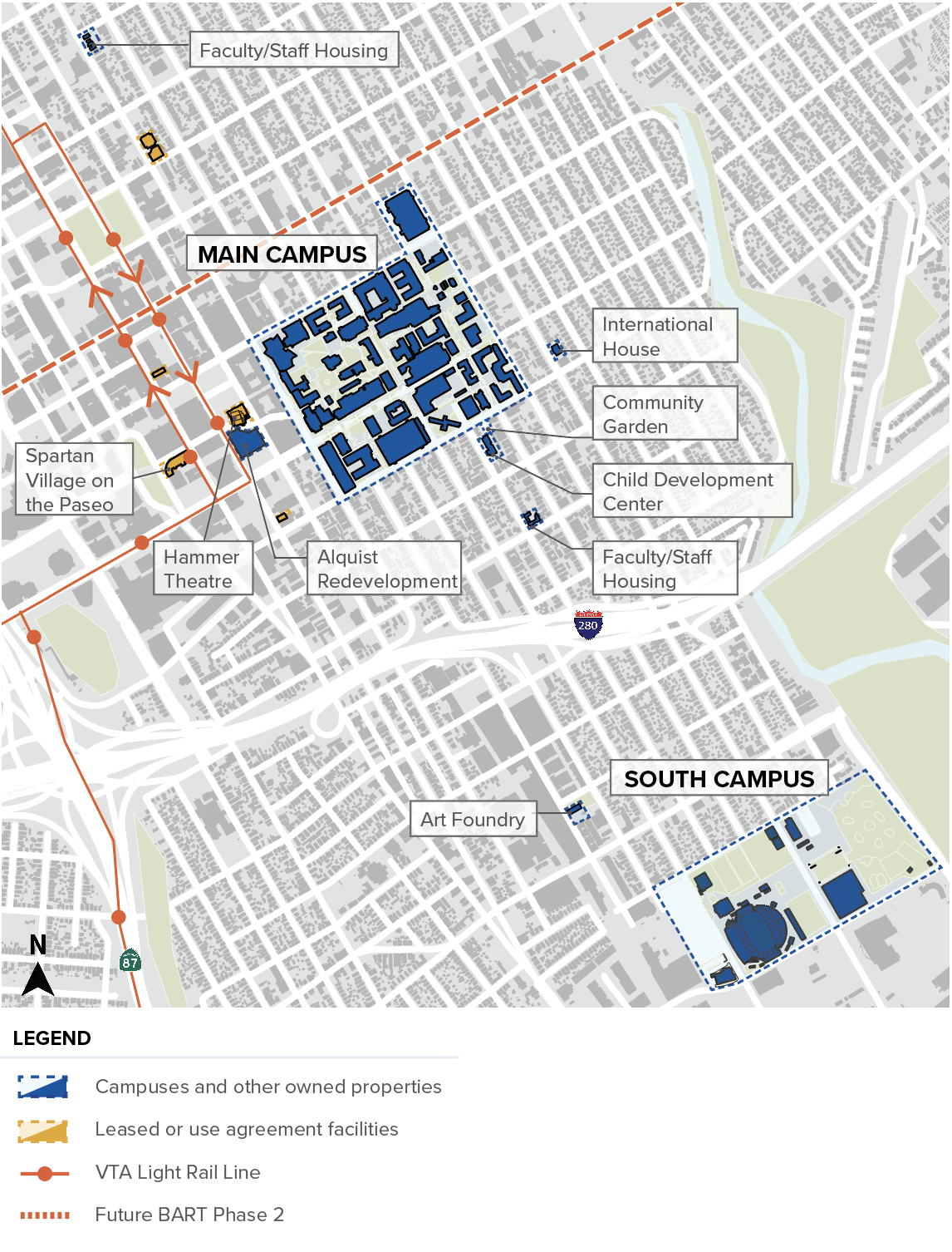 San Jose area map showing SJSU properties at Main Campus, South Campus and off campus sites.