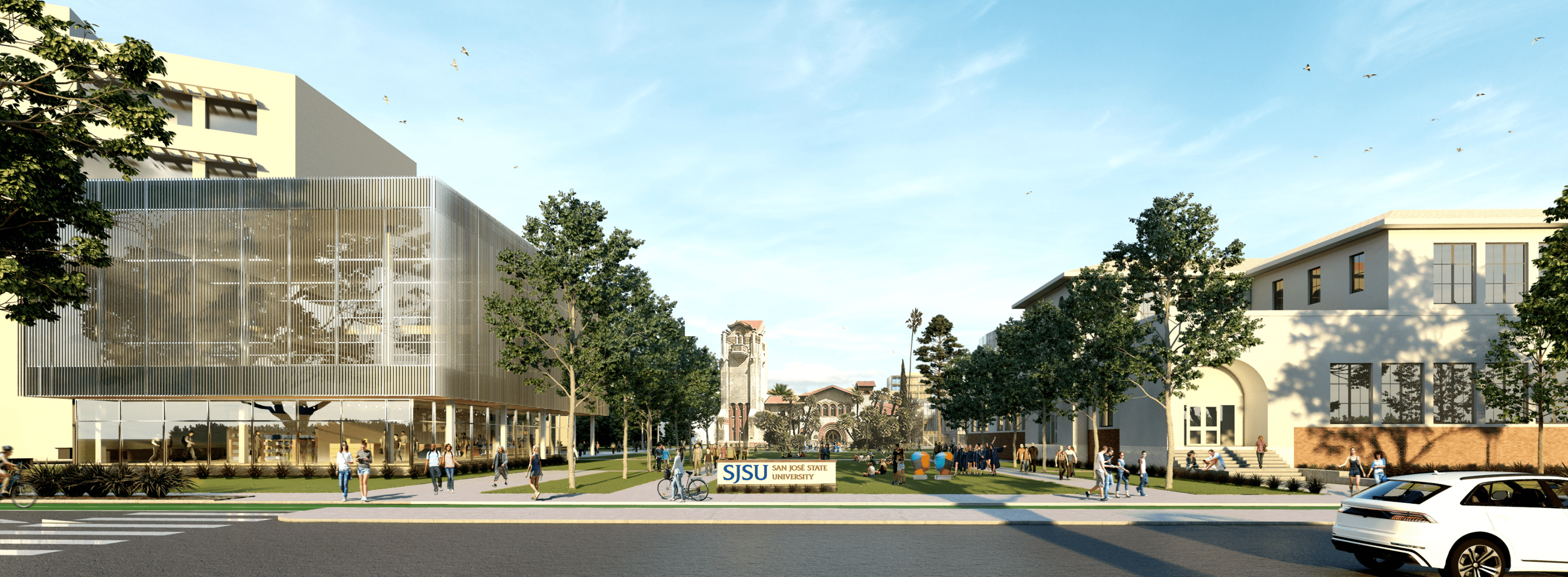 Rendering of a re-imagined Tower Hall and surrounding buildings.