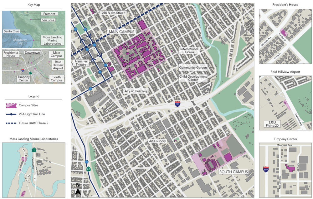 Map of San Jose with campus properties highlighted.