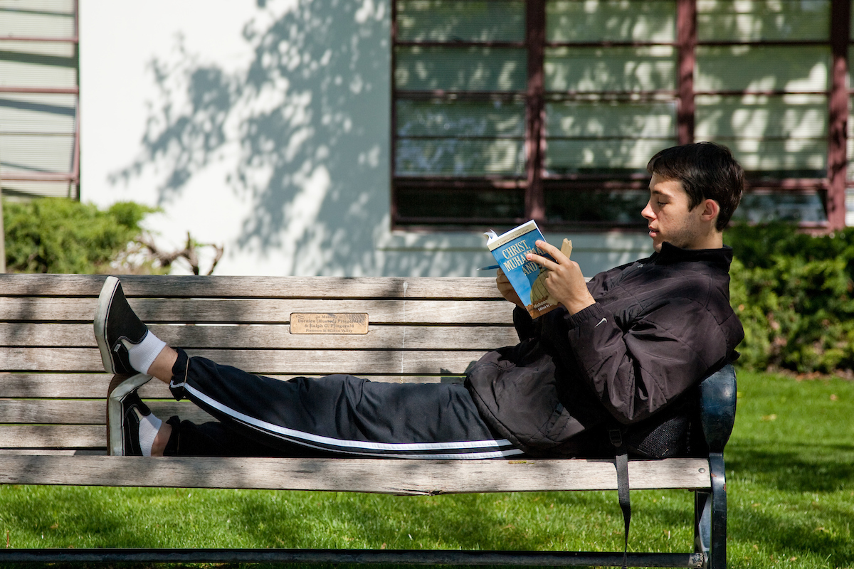 a student reading on a bench.