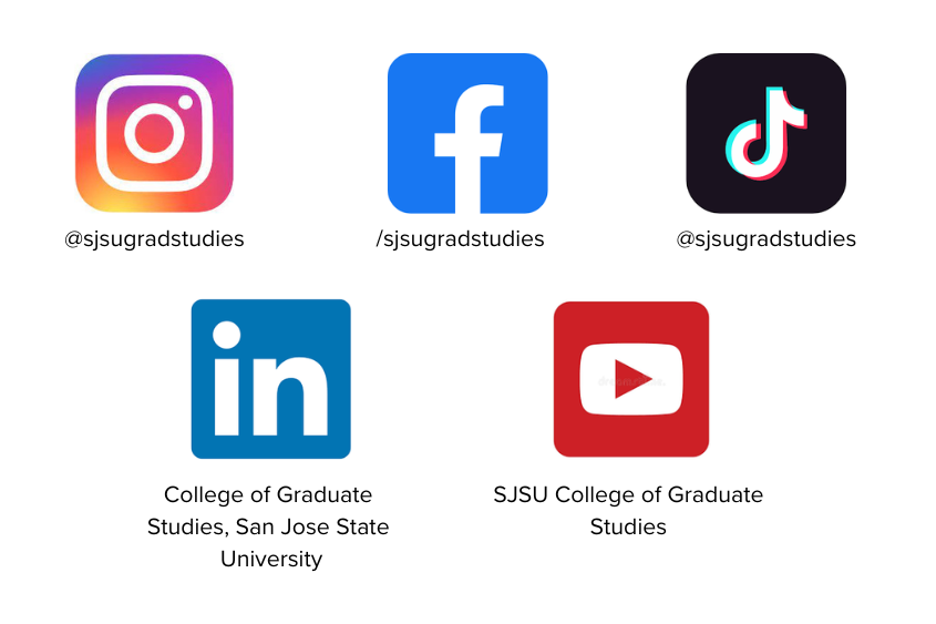 social media icons for instagram, facebook, tiktok, Linkedin, and Youtube @sjsugradstudies