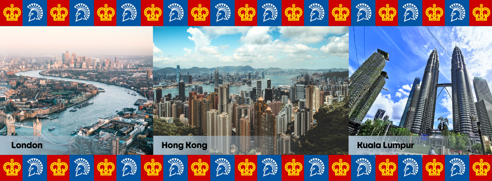 Aerial photos of London, Hong Kong and Kuala Lumpur with a SJSU helmet and Crown logo border