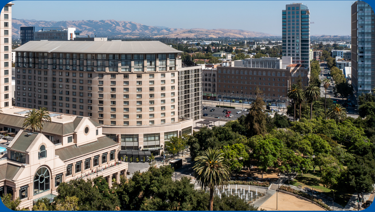 Aerial view of the exterior of Spartan Village on the Paseo and surrounding buildings.