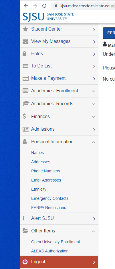 Student Desktop Left Navigation menu with Personal information, Alert SJSU and Other Items.