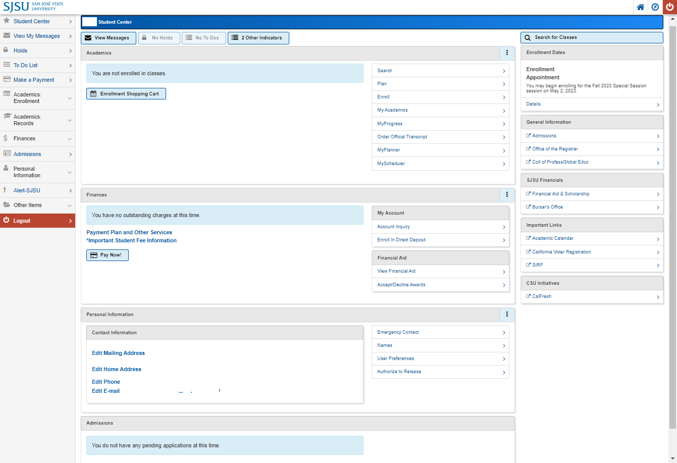 MYSJSU Student Desktop View of Student Center on successful login.