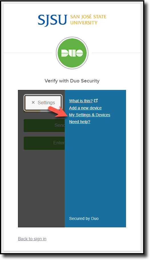 Duo Mobile Screen with options to select My Settings & Devices.