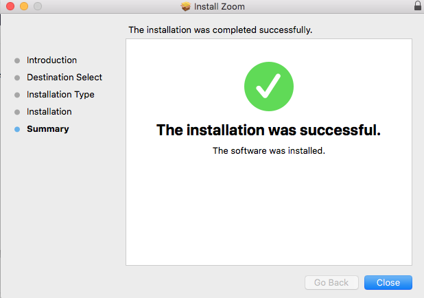 Zoom installation was successful checkmark.