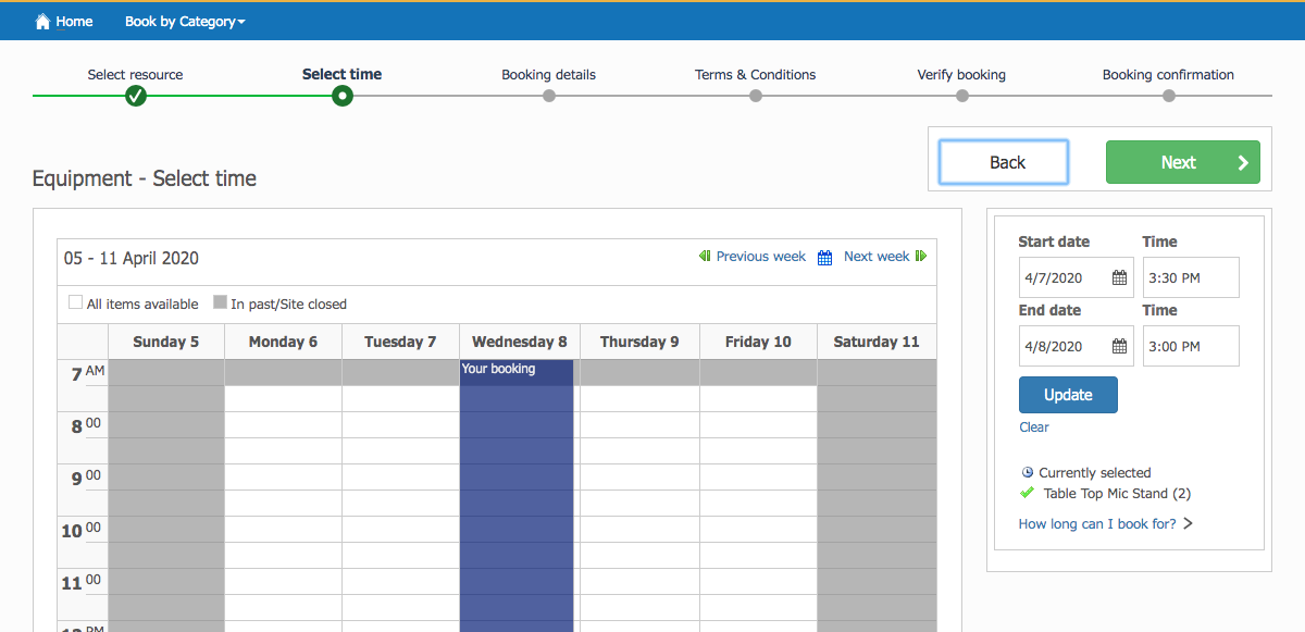 Confirm the timings and book the equipment