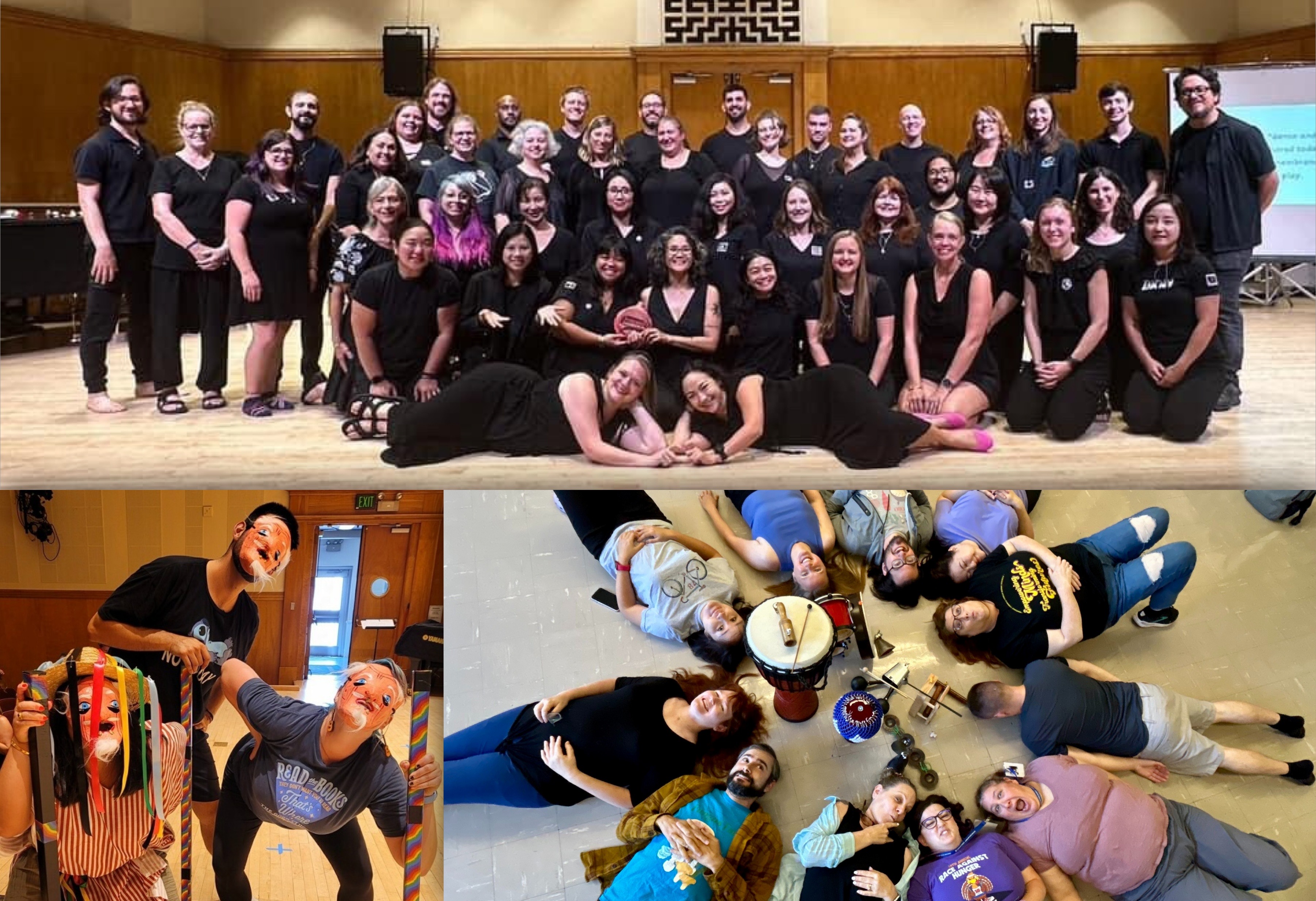 Collage of students making poses and group photo of Orff Training attendees.