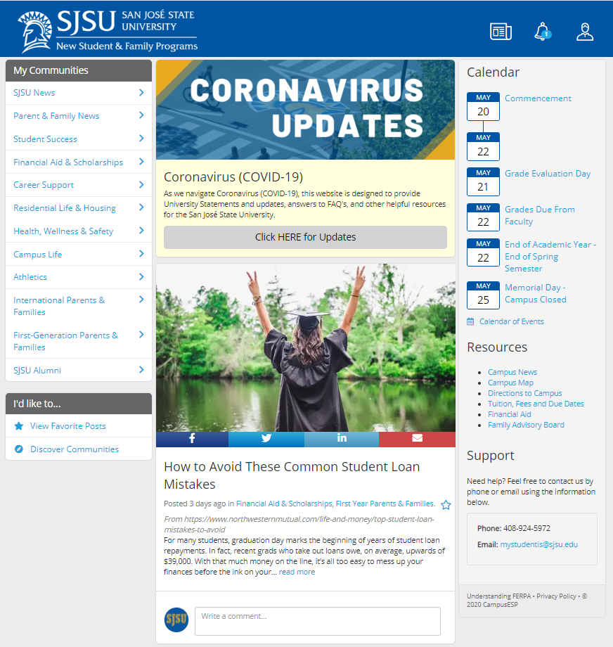Homepage view of the SJSU parent and family portal