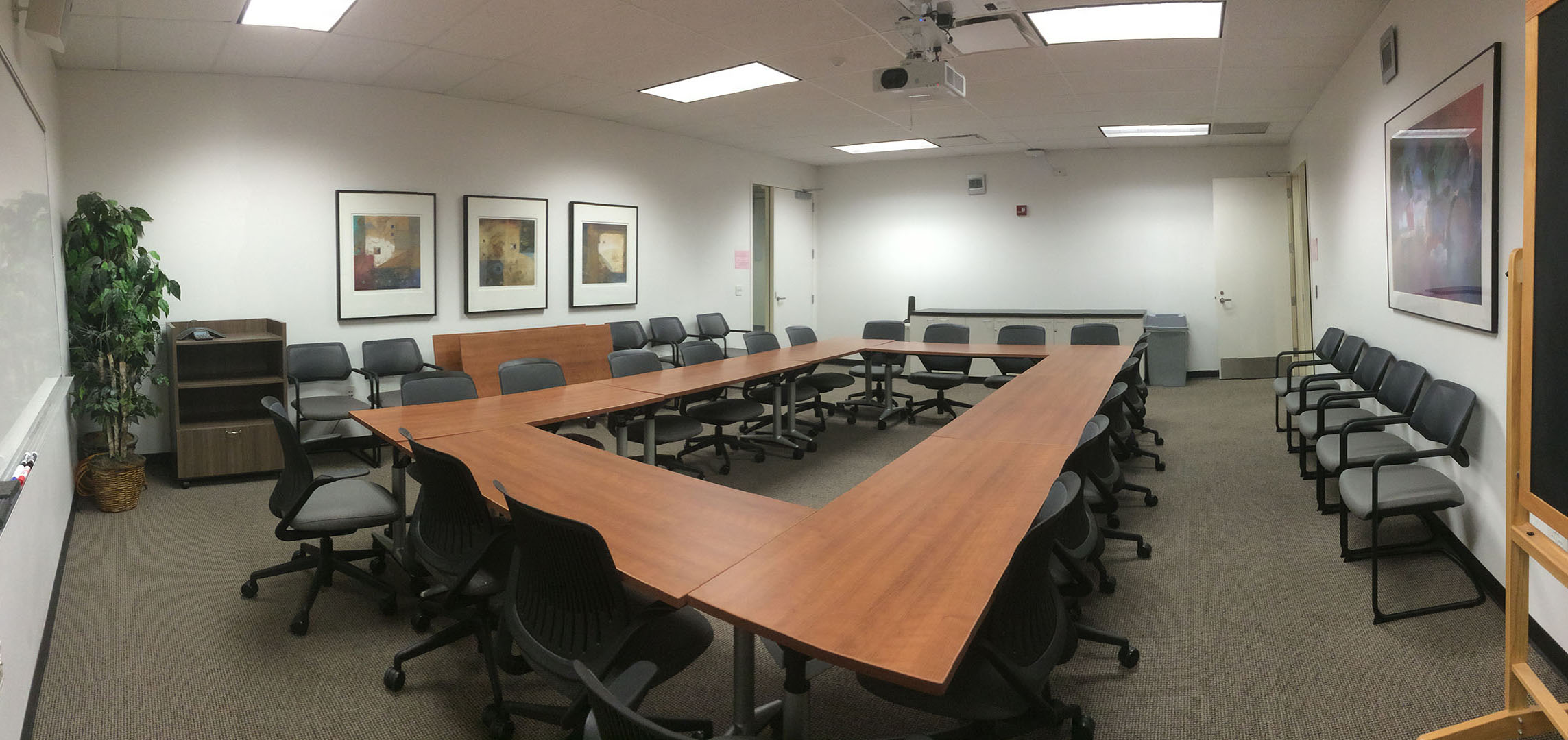 Higher right side view of empty meeting room.