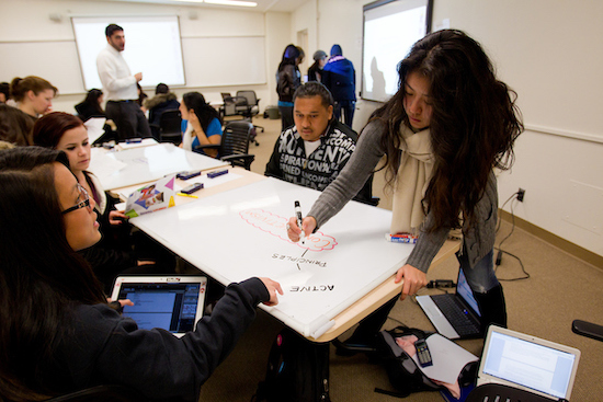 people work in classroom, putting ideas on a whiteboard