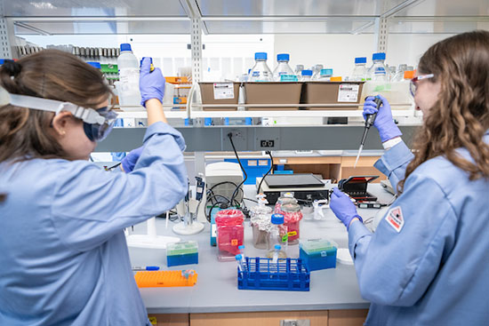 two people in lab coats inject things into test tubes in lab setting