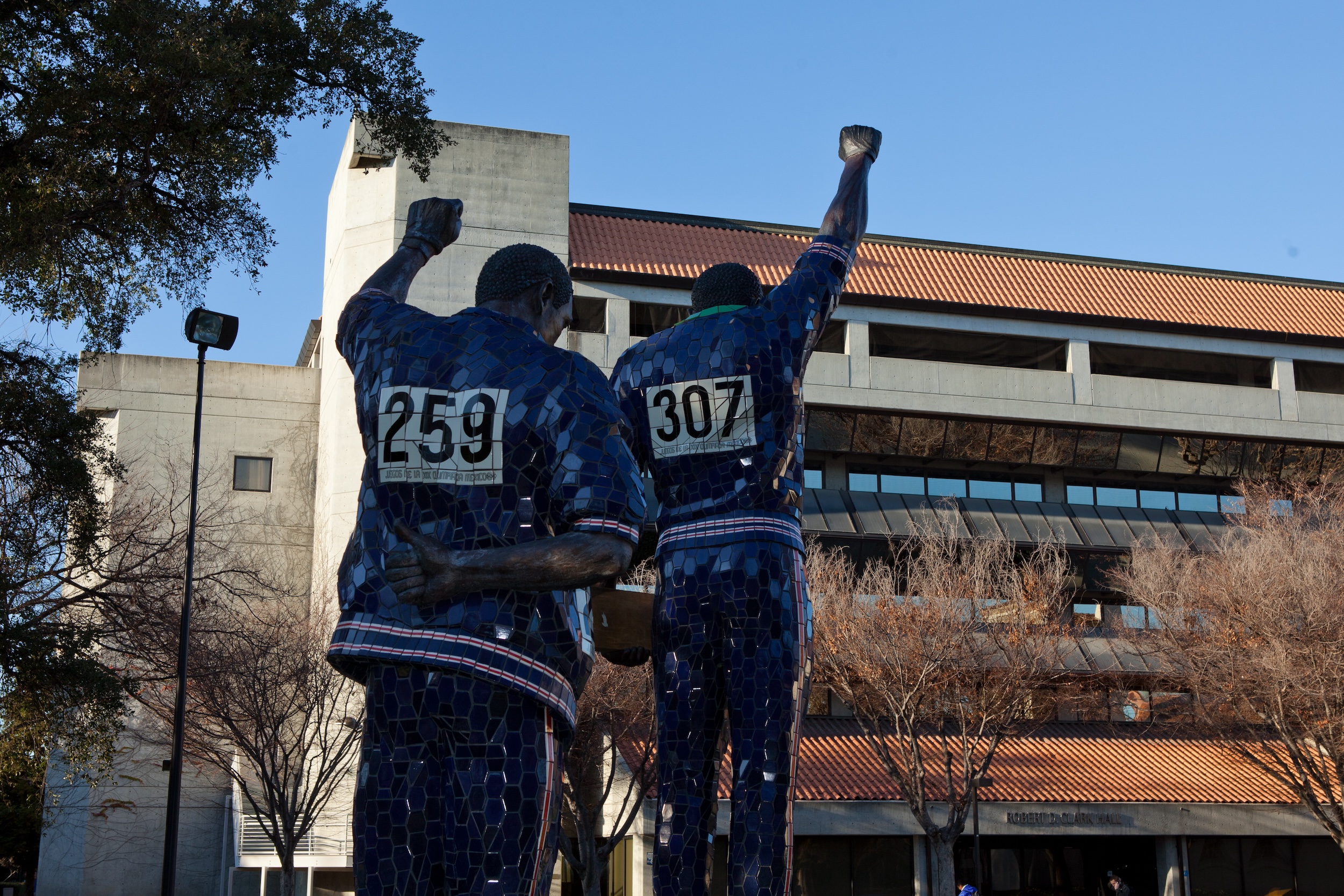 The statues outside of Clark Hall.