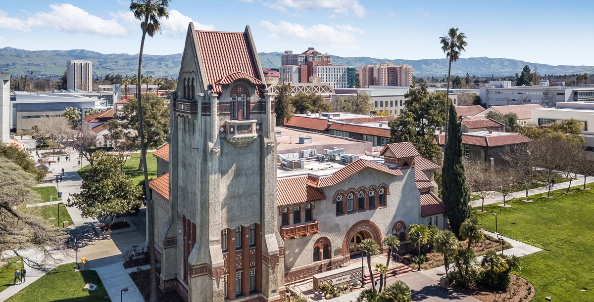 Aerial view of campus with Tower Hall at the forefront.