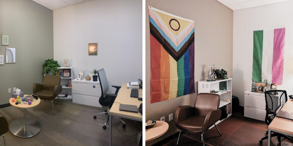 two pictures showing office spaces located at the Student Wellness Center with a desk and table surrounded by two chairs