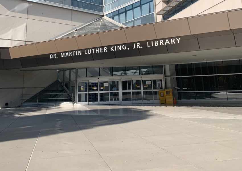 Image of the MLK library from the Tower Lawn side